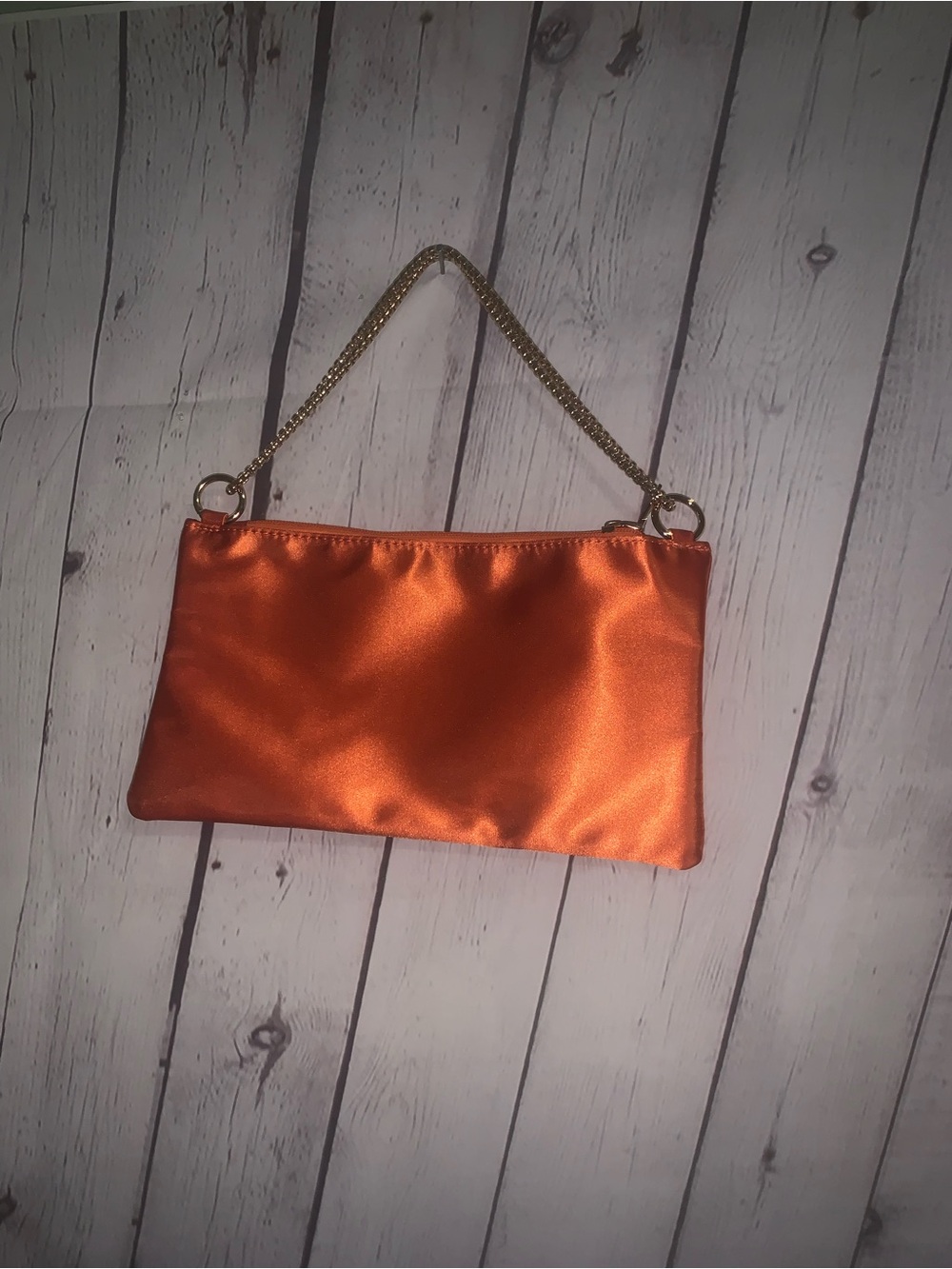 Orange Satin Shoulder Bag with Gold Chain Handle